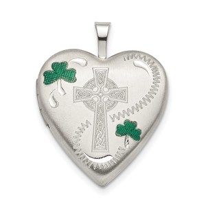 925 Sterling Silver 20mm Green Enamel Clover Shamrock/Cross Heart Locket Pendant